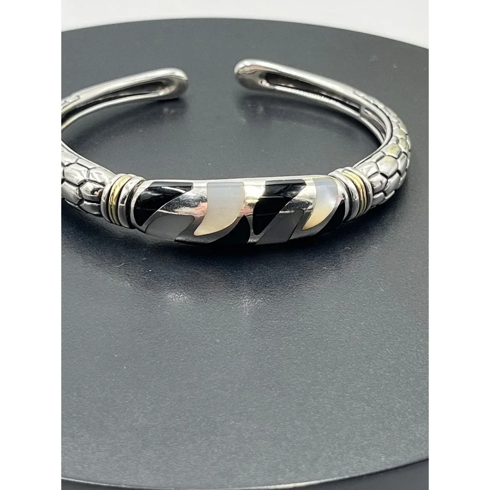 Asch Grossbardt Sterling Silver 18K Onyx Mother of Pearl Inlay Cuff Bracelet